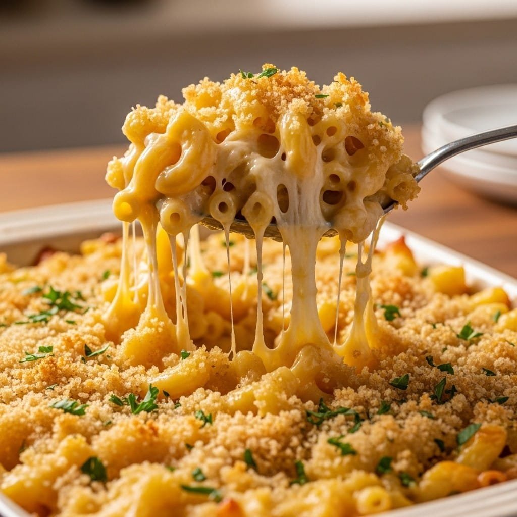 creamy baked mac and cheese with golden crispy top