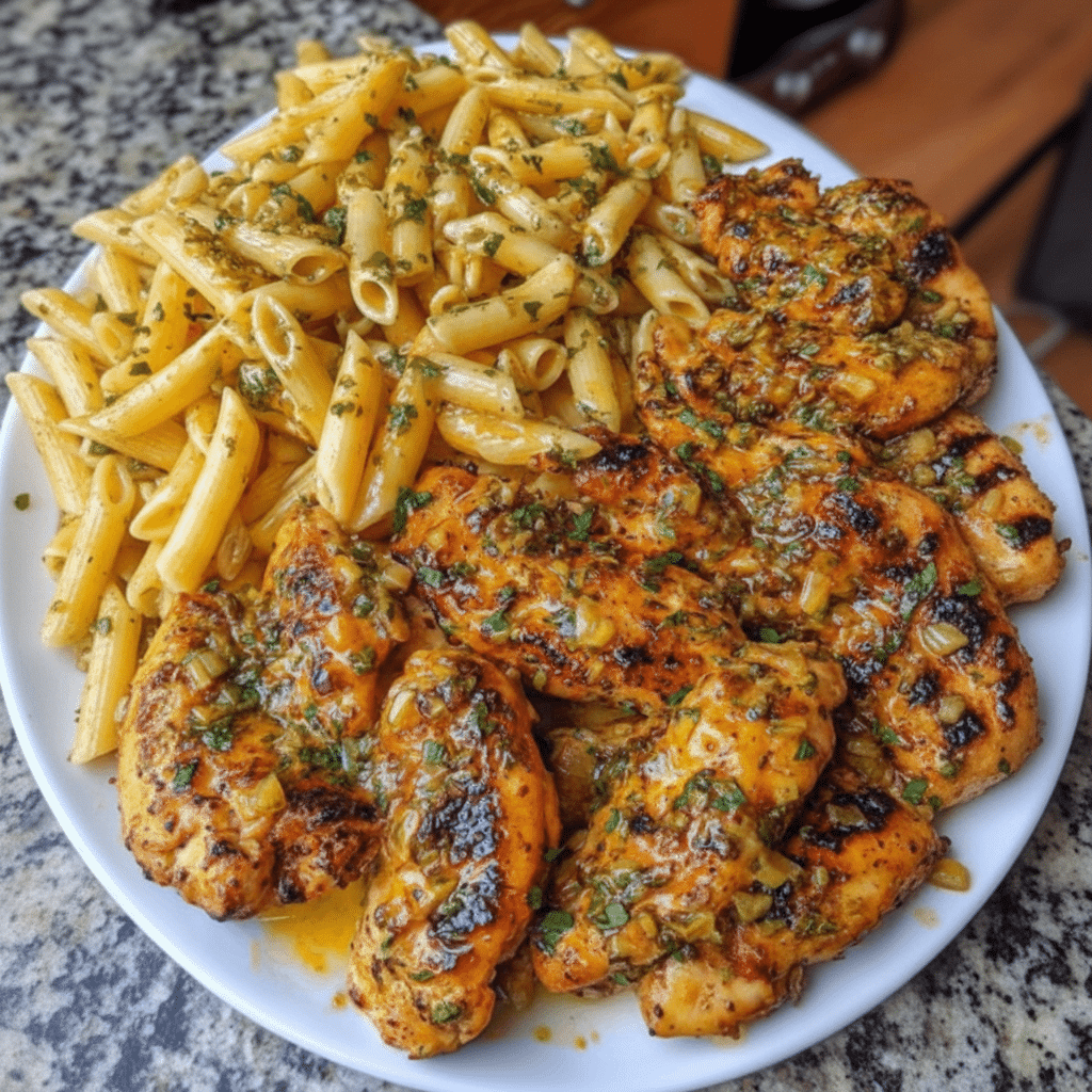 garlic lemon chicken with pasta in skillet