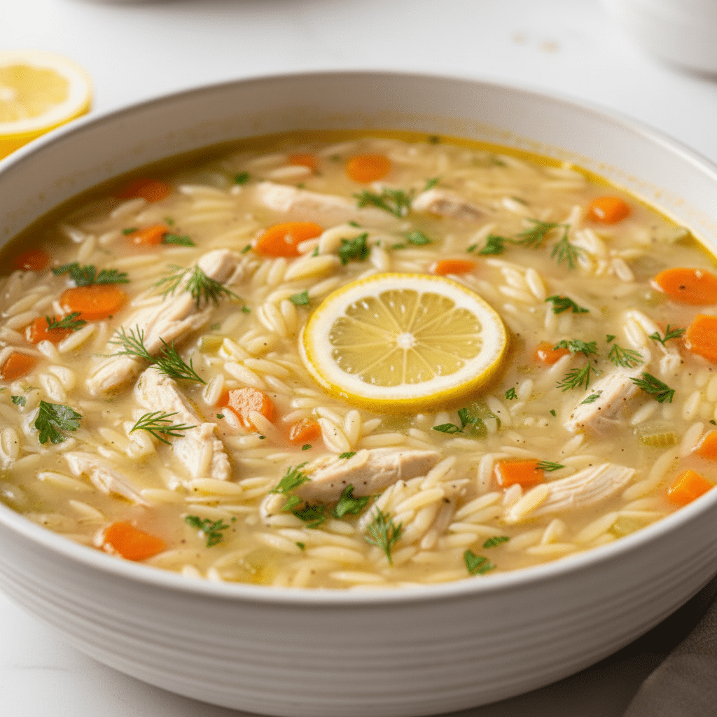 lemon chicken orzo soup in bowl with fresh herbs