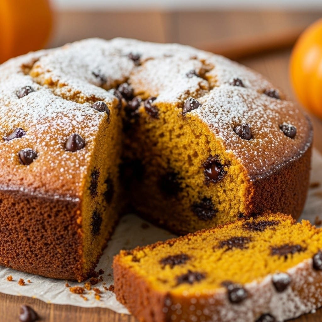 moist pumpkin chocolate chip cake with warm spices
