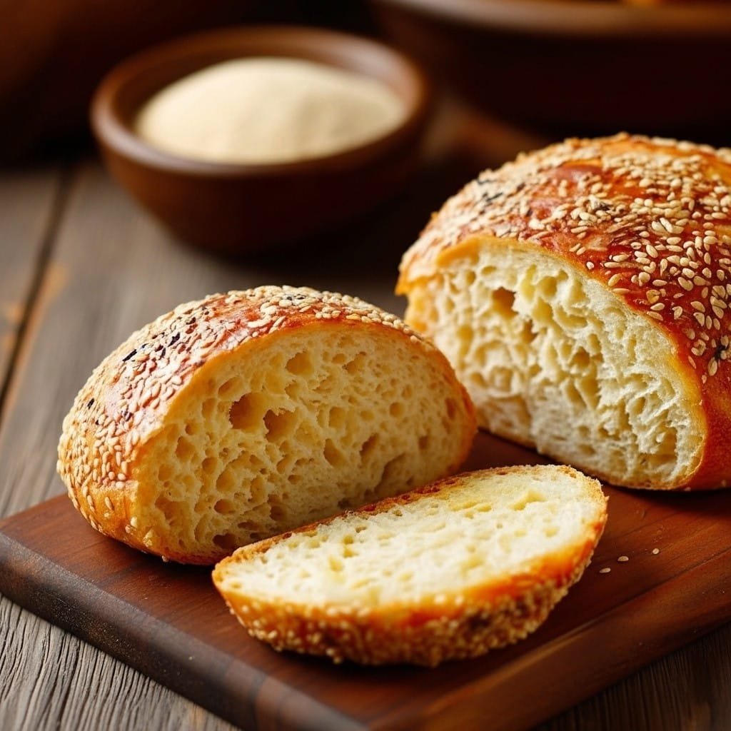 homemade sesame bread loaf on cutting board