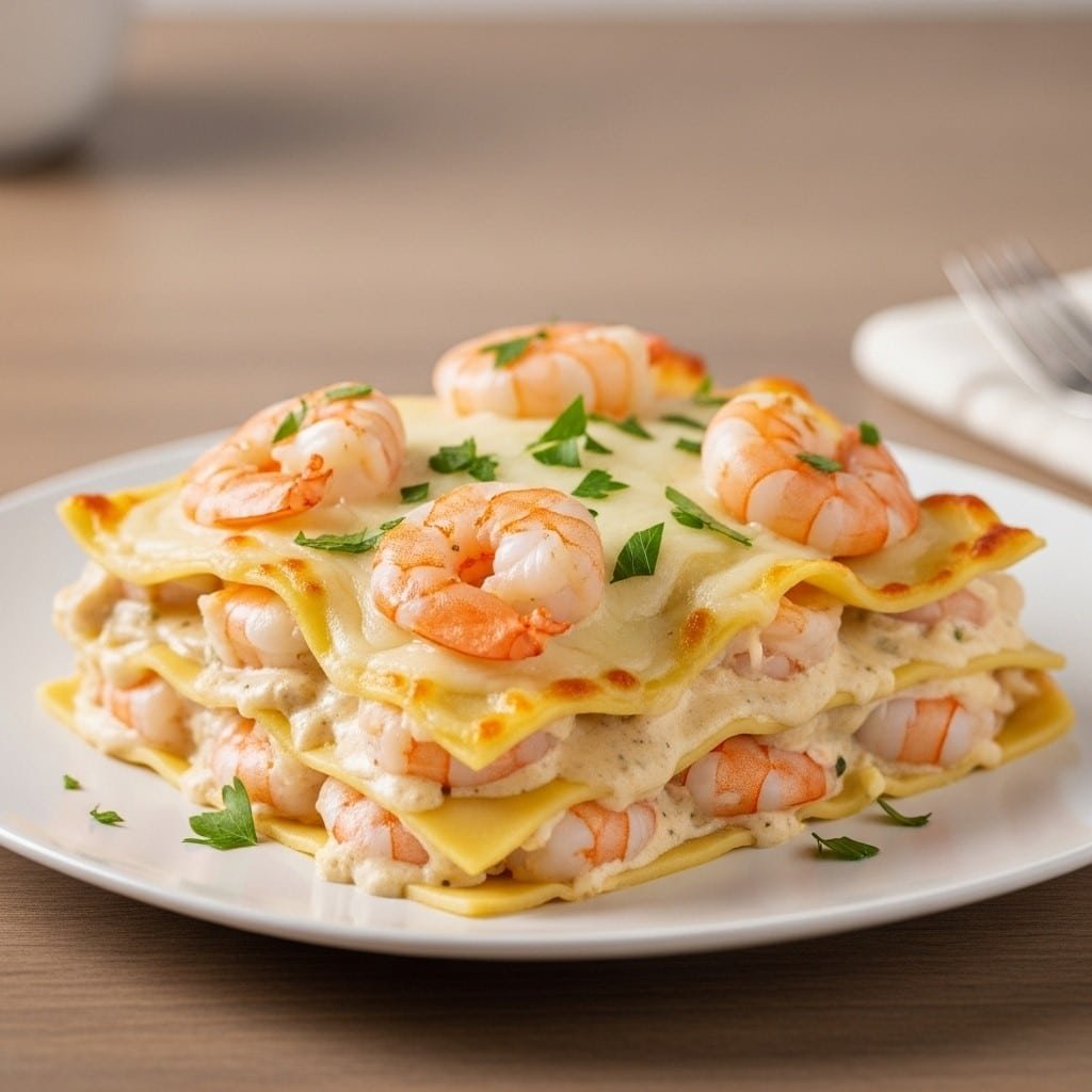 Shrimp Alfredo Lasagna served on plate