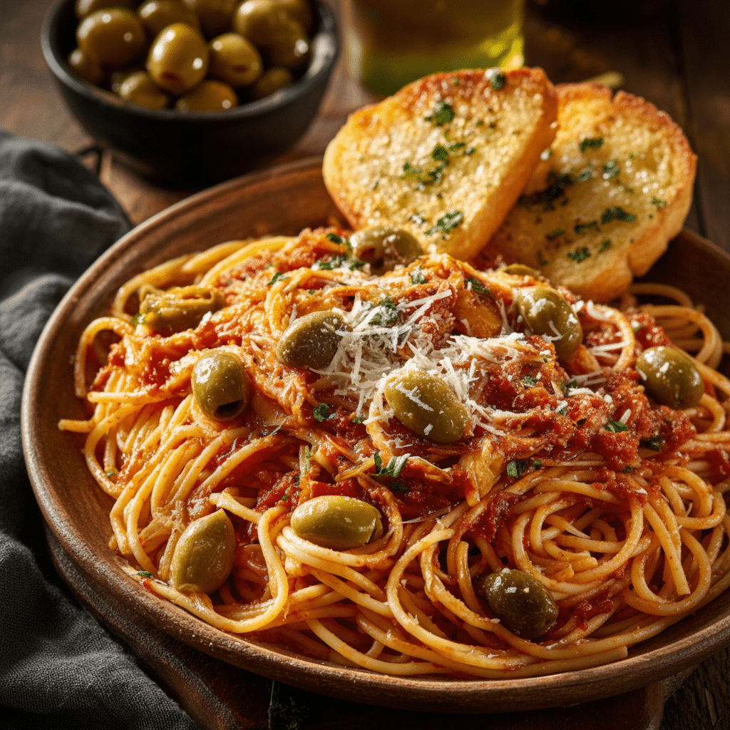 spaghetti with tomato olive sauce in bowl