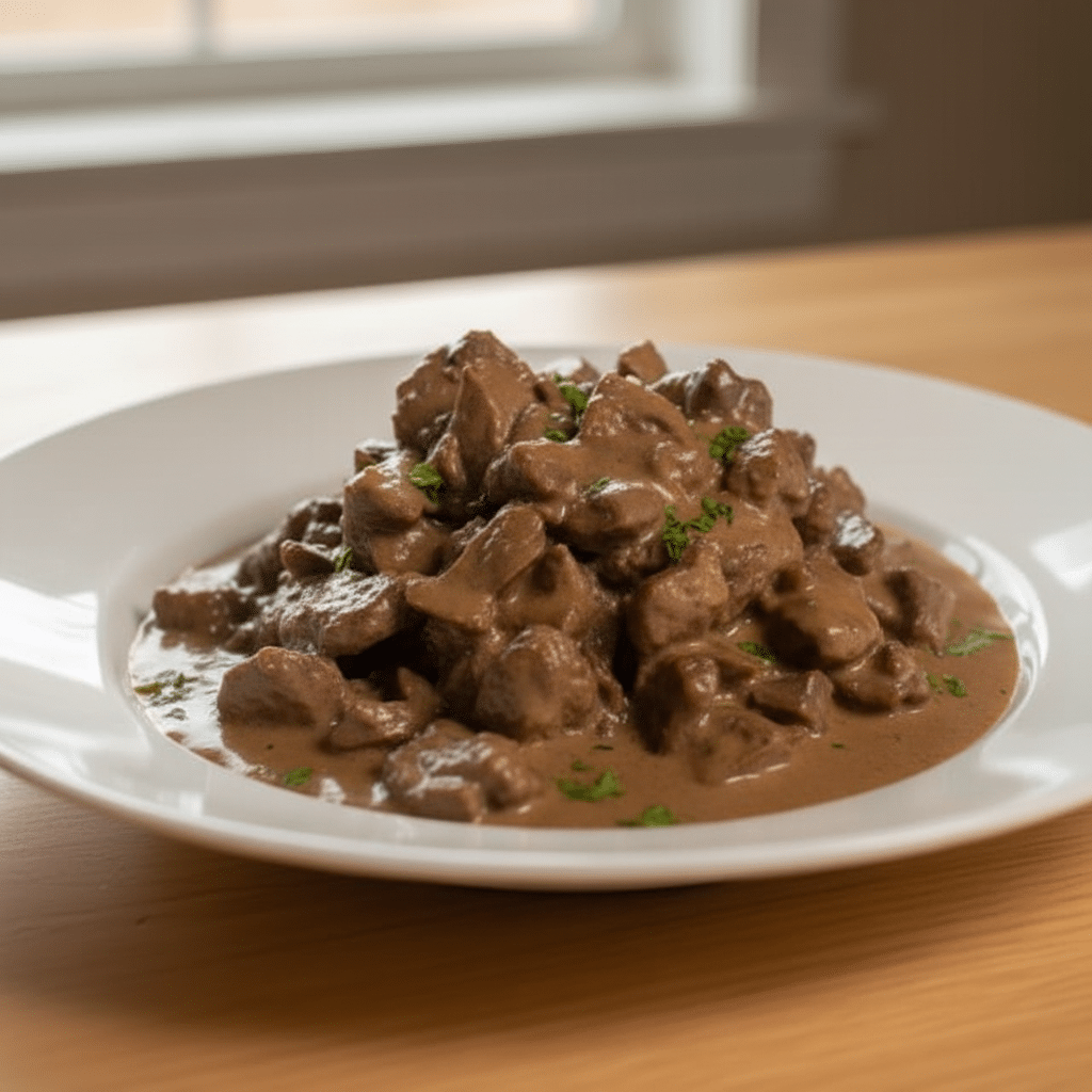 Beef stroganoff with mushrooms in creamy sauce