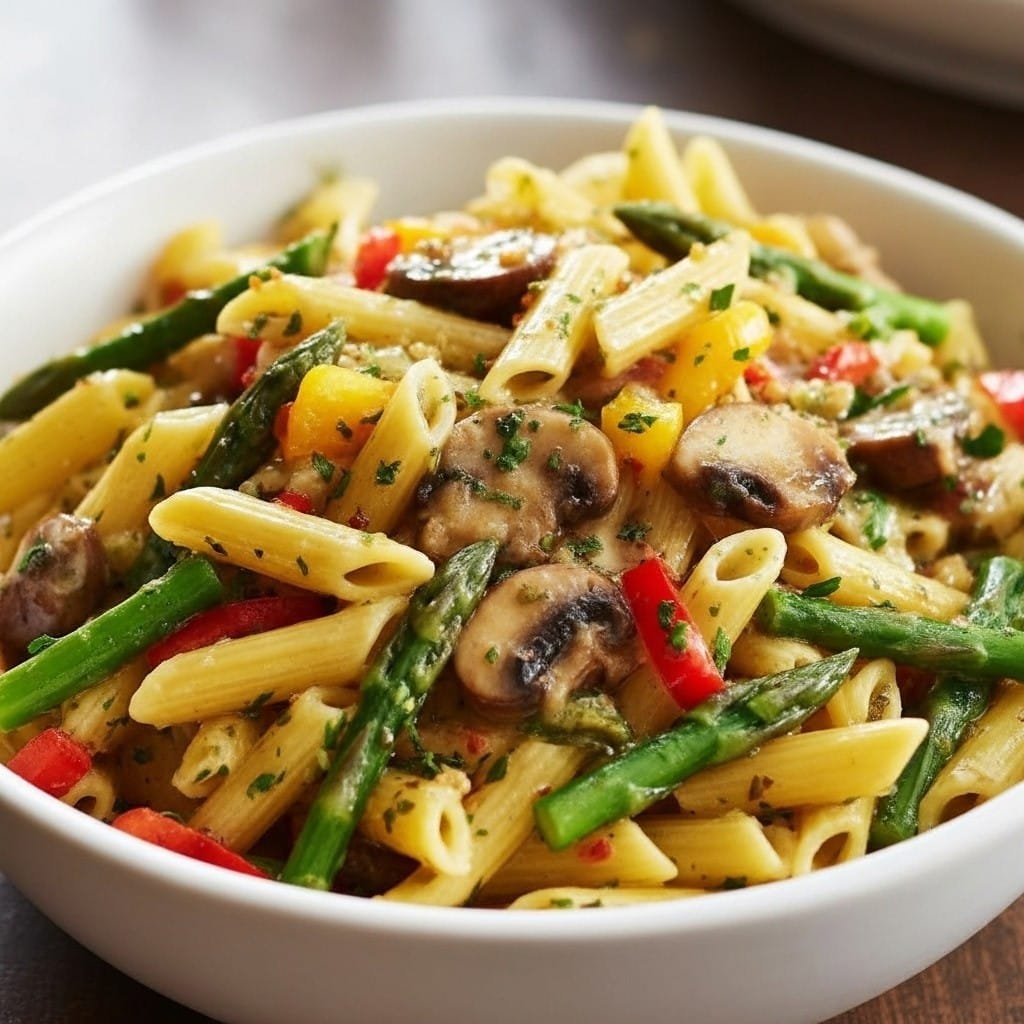 Creamy mushroom and asparagus penne pasta served in a bowl