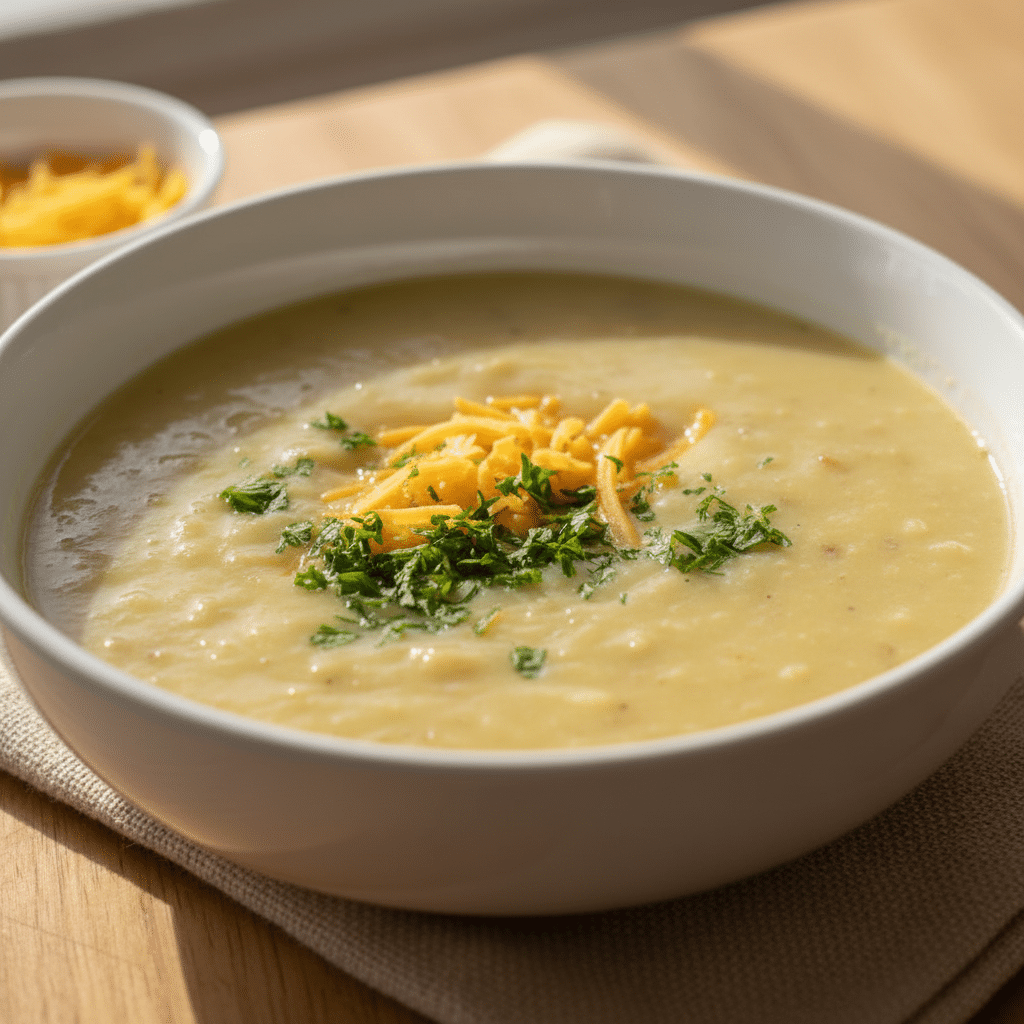 Creamy potato soup served hot in a bowl