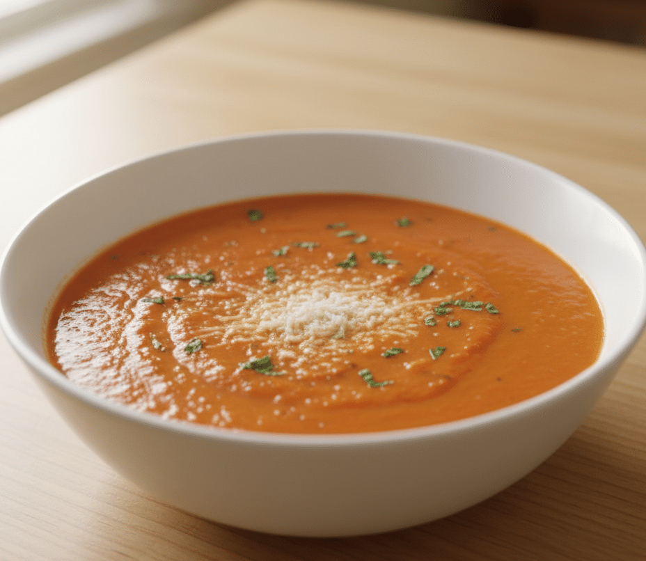 Creamy tomato basil soup served hot in a bowl
