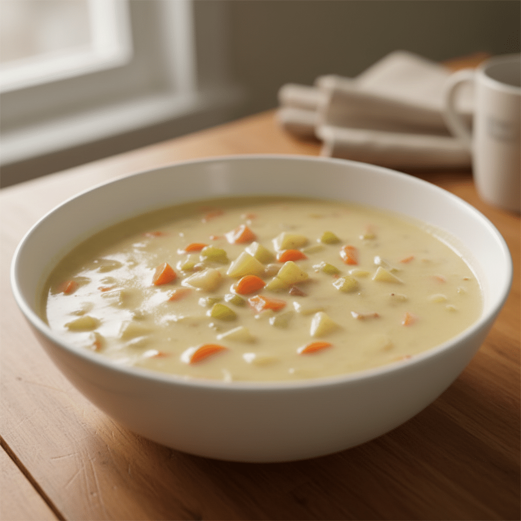Creamy winter vegetable soup served in a bowl
