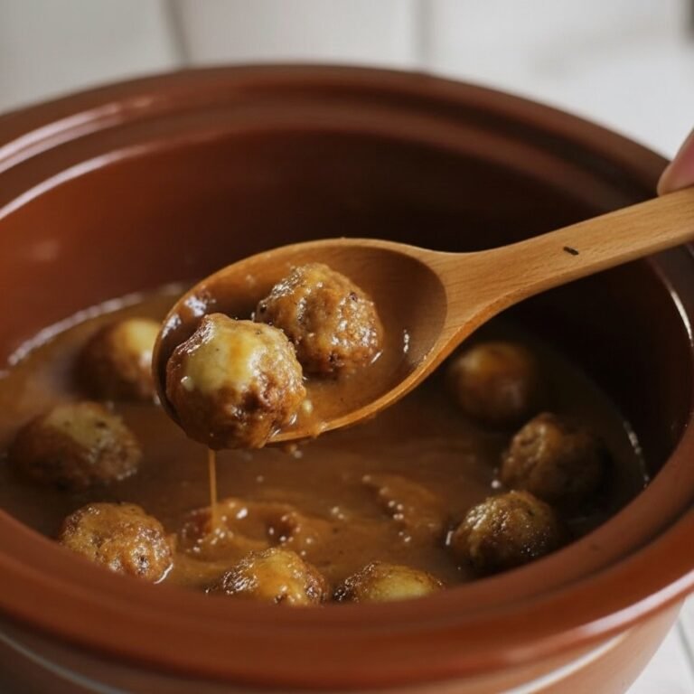 Crock pot french onion meatballs with melted cheese