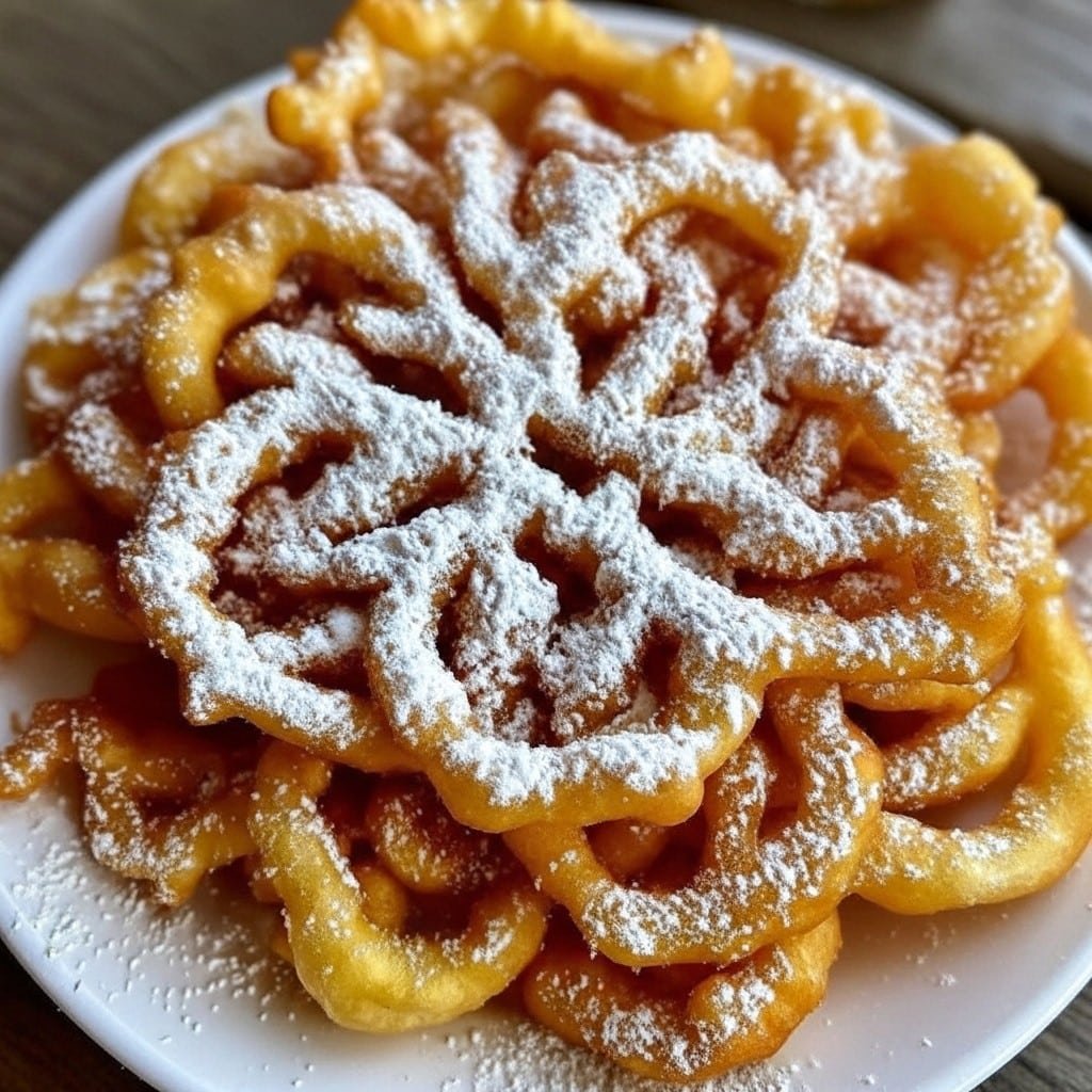 Easy funnel cakes dusted with powdered sugar