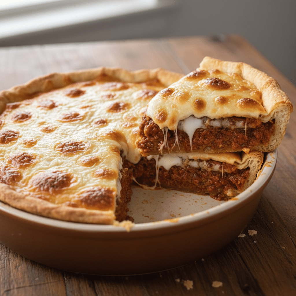 Pizza burger pie baked with melted cheese