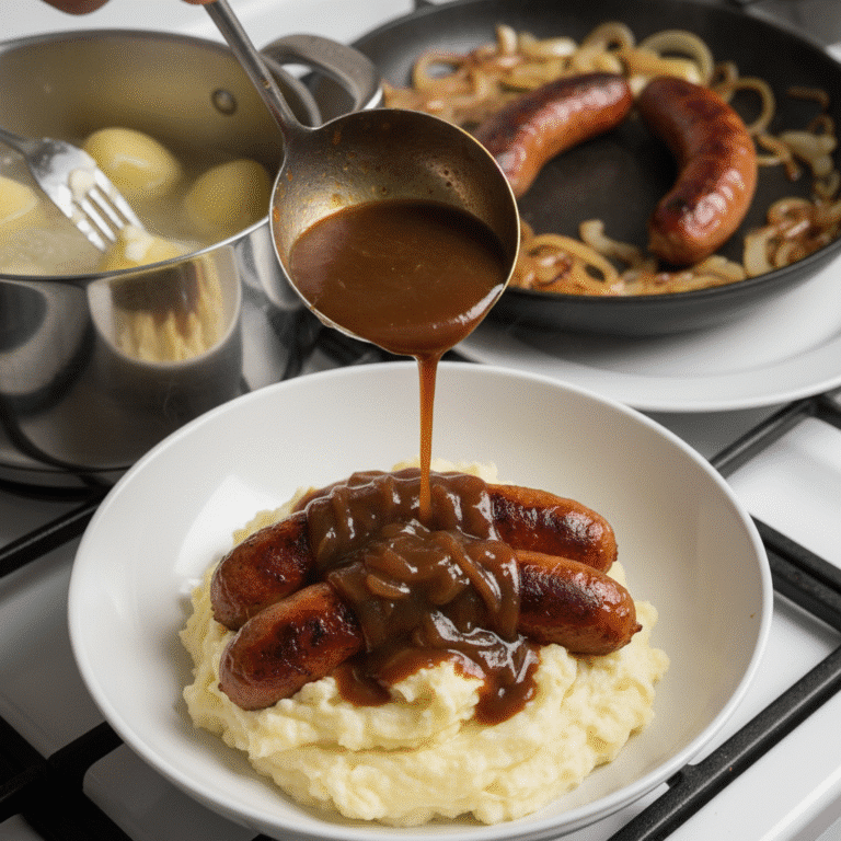 Sausage and mash with onion gravy served hot