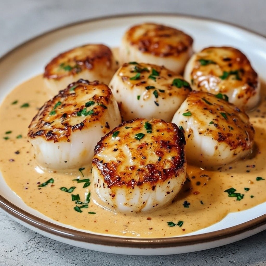 Seared scallops with spicy cajun cream sauce, garnished with parsley