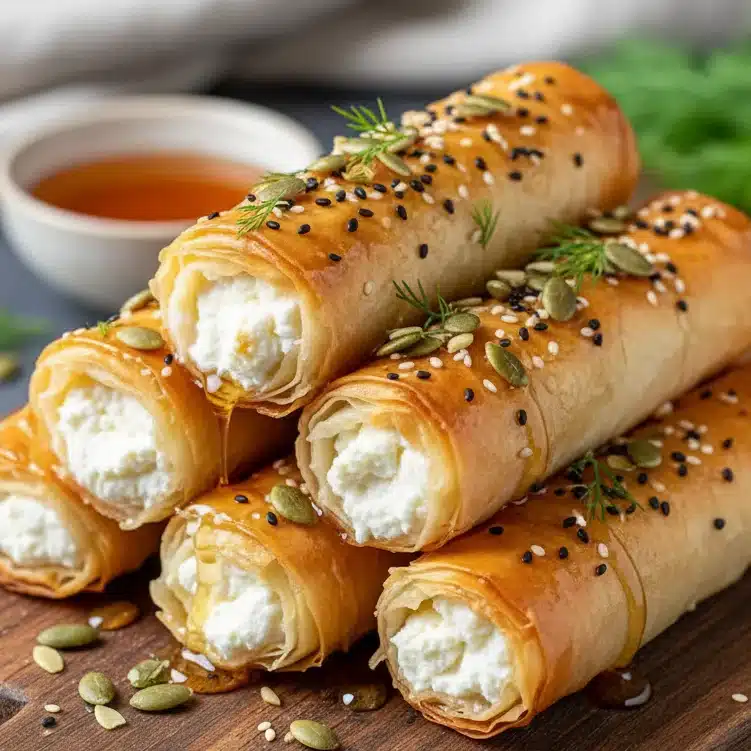 Oven-Fried Feta Rolls with Spicy Chili Honey