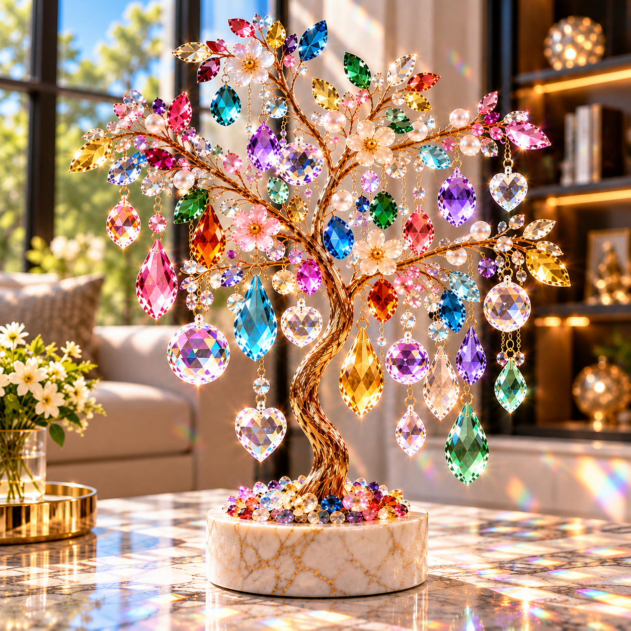 Colorful crystal tree decor with sparkling gemstones, pearls, flowers, and hanging crystal pendants on a marble base.