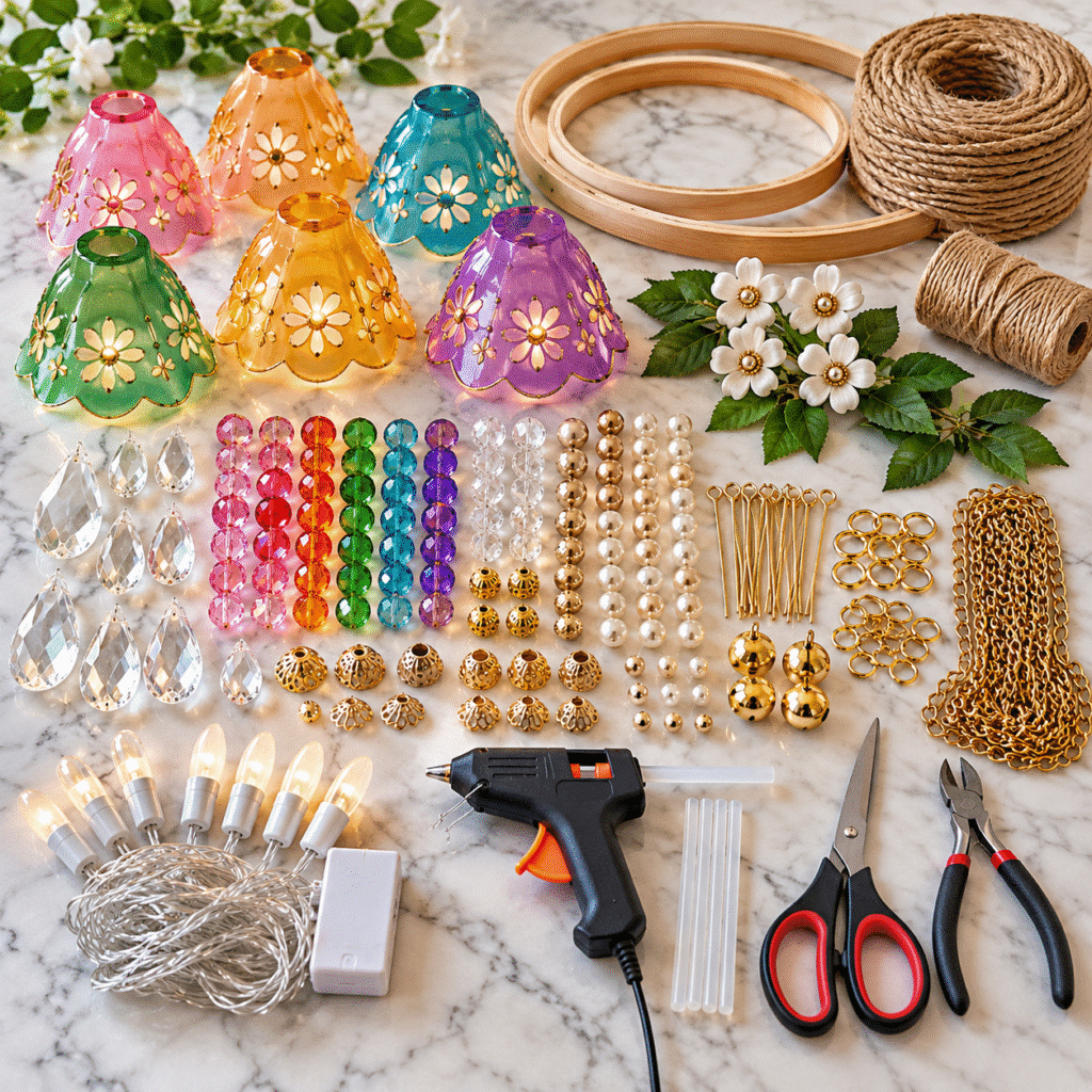 DIY boho hanging lamp materials including colorful flower shades, wooden hoops, jute rope, crystal beads, pearls, gold chains, LED lights, flowers, and craft tools.