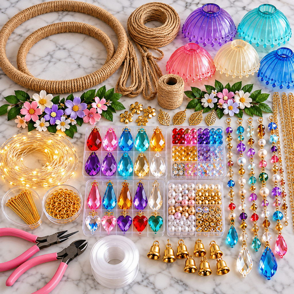Colorful boho chandelier with jute-wrapped hoops, floral decorations, crystal beads, pearls, and glowing pastel shades.