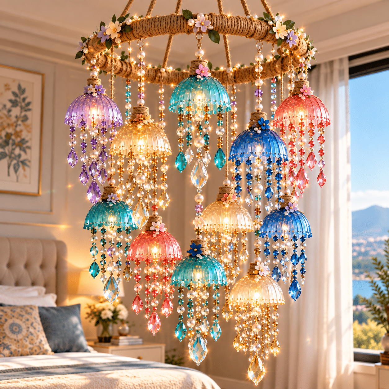 Colorful DIY boho chandelier with jute-wrapped hoops, floral decorations, crystal beads, pearls, and glowing pendant lights in a cozy bedroom.